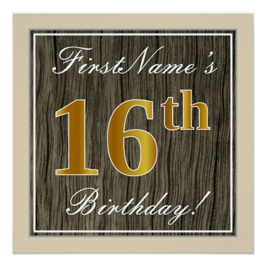 Elegant, Faux Wood, Faux Gold 16th Birthday + Naam Perfect Poster (Voorkant)