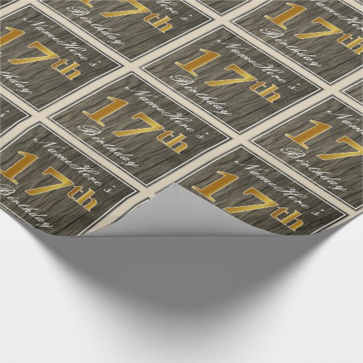 Elegant, Faux Wood, Faux Gold 17th Birthday + Naam Cadeaupapier (Hoek)