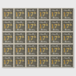 Elegant, Faux Wood, Faux Gold 17th Birthday + Naam Cadeaupapier