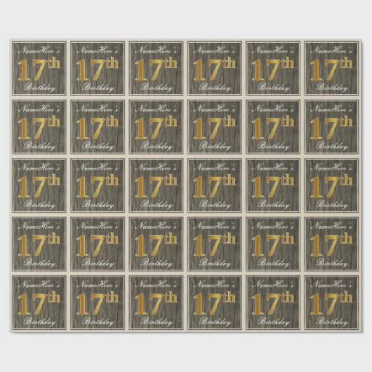 Elegant, Faux Wood, Faux Gold 17th Birthday + Naam Cadeaupapier (Vlak)