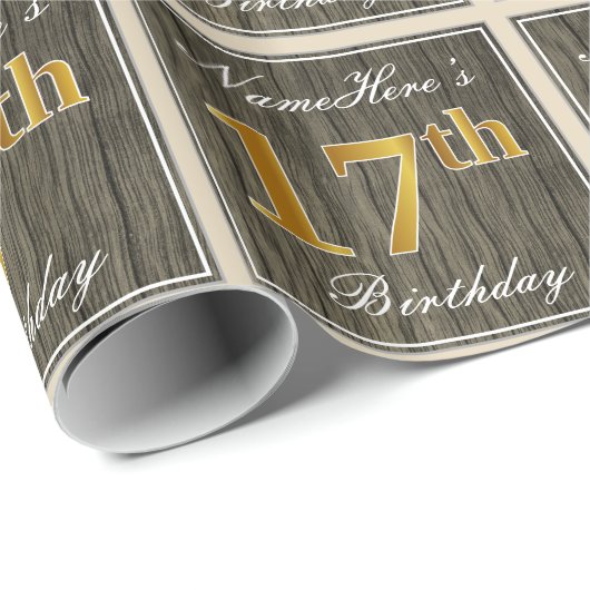 Elegant, Faux Wood, Faux Gold 17th Birthday + Naam Cadeaupapier (Rol Hoek)