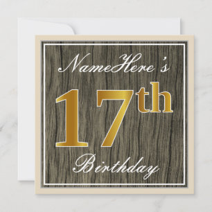 Elegant, Faux Wood, Faux Gold 17th Birthday + Naam Kaart