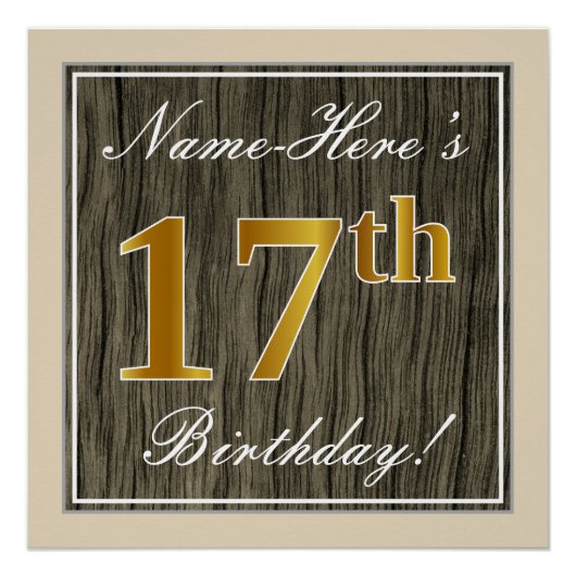 Elegant, Faux Wood, Faux Gold 17th Birthday + Naam Perfect Poster (Voorkant)