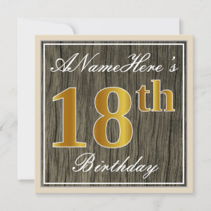 Elegant, Faux Wood, Faux Gold 18th Birthday + Naam Kaart