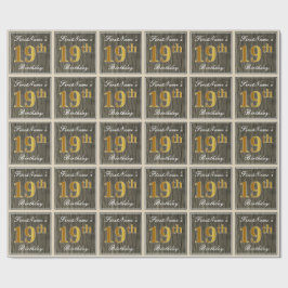 Elegant, Faux Wood, Faux Gold 19th Birthday + Naam Cadeaupapier