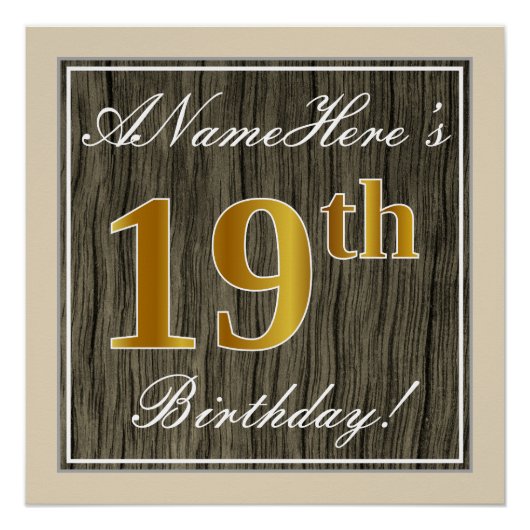 Elegant, Faux Wood, Faux Gold 19th Birthday + Naam Perfect Poster (Voorkant)