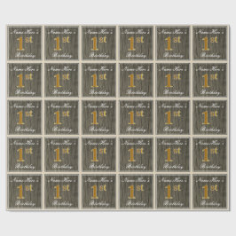 Elegant, Faux Wood, Faux Gold 1st Birthday + Naam Cadeaupapier