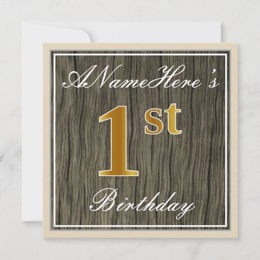 Elegant, Faux Wood, Faux Gold 1st Birthday + Naam Kaart (Voorkant)