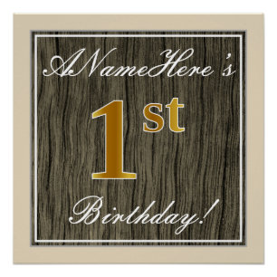 Elegant, Faux Wood, Faux Gold 1st Birthday + Naam Poster
