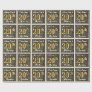 Elegant, Faux Wood, Faux Gold 20th Birthday + Naam Cadeaupapier