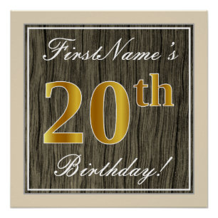 Elegant, Faux Wood, Faux Gold 20th Birthday + Naam Poster