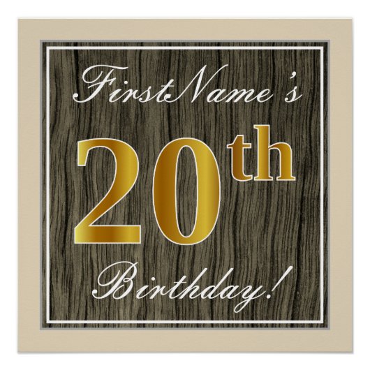 Elegant, Faux Wood, Faux Gold 20th Birthday + Naam Poster (Voorkant)