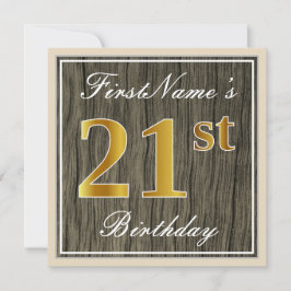 Elegant, Faux Wood, Faux Gold 21st Birthday + Naam Kaart