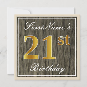 Elegant, Faux Wood, Faux Gold 21st Birthday + Naam Kaart