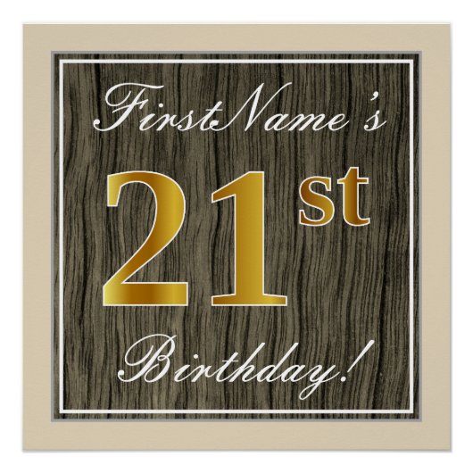 Elegant, Faux Wood, Faux Gold 21st Birthday + Naam Perfect Poster (Voorkant)