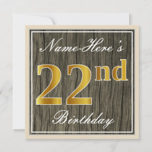 Elegant, Faux Wood, Faux Gold 22nd Birthday + Naam Kaart