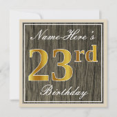 Elegant, Faux Wood, Faux Gold 23rd Birthday + Naam Kaart (Voorkant)