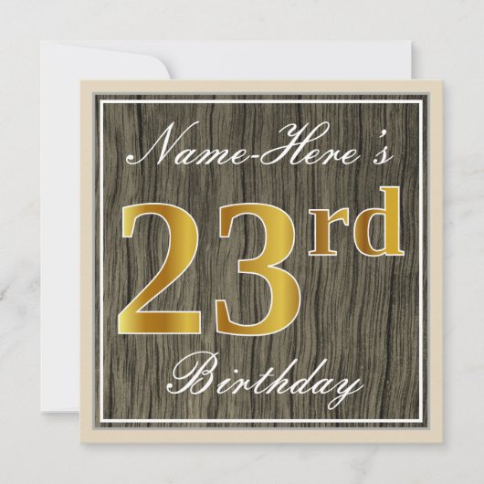 Elegant, Faux Wood, Faux Gold 23rd Birthday + Naam Kaart (Voorkant)