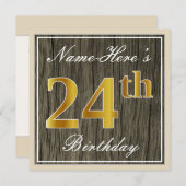 Elegant, Faux Wood, Faux Gold 24th Birthday + Naam Kaart (Voorkant / Achterkant)