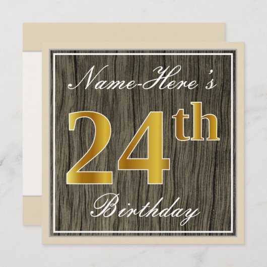 Elegant, Faux Wood, Faux Gold 24th Birthday + Naam Kaart (Voorkant / Achterkant)