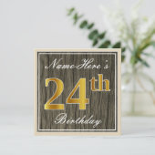 Elegant, Faux Wood, Faux Gold 24th Birthday + Naam Kaart (Staand voorkant)