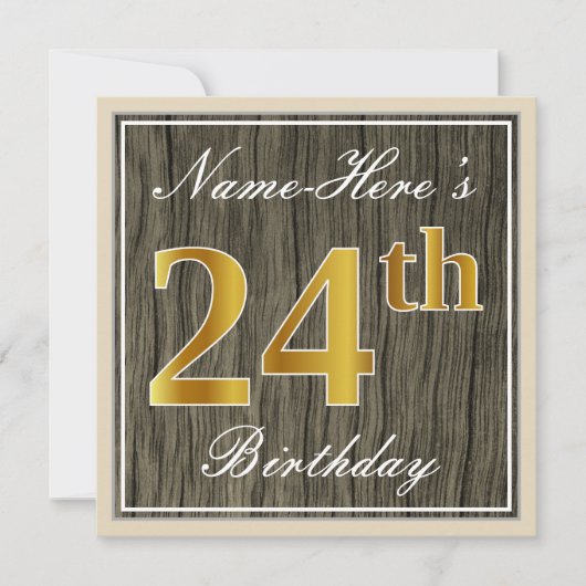 Elegant, Faux Wood, Faux Gold 24th Birthday + Naam Kaart (Voorkant)