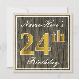 Elegant, Faux Wood, Faux Gold 24th Birthday + Naam Kaart