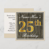Elegant, Faux Wood, Faux Gold 25th Birthday + Naam Kaart (Voorkant / Achterkant)