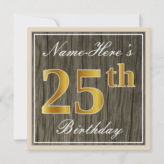 Elegant, Faux Wood, Faux Gold 25th Birthday + Naam Kaart (Voorkant)