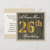 Elegant, Faux Wood, Faux Gold 26th Birthday + Naam Kaart (Voorkant / Achterkant)