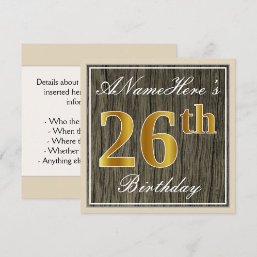 Elegant, Faux Wood, Faux Gold 26th Birthday + Naam Kaart (Voorkant / Achterkant)