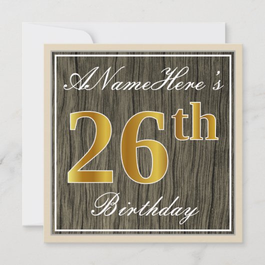 Elegant, Faux Wood, Faux Gold 26th Birthday + Naam Kaart (Voorkant)