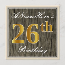 Elegant, Faux Wood, Faux Gold 26th Birthday + Naam Kaart