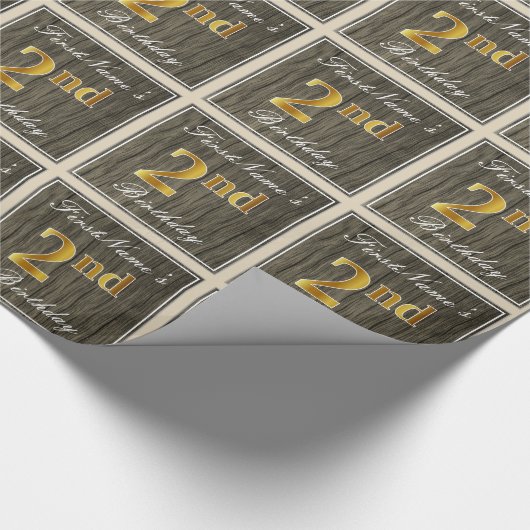 Elegant, Faux Wood, Faux Gold 2nd Birthday + Naam Cadeaupapier (Hoek)