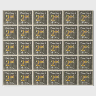Elegant, Faux Wood, Faux Gold 2nd Birthday + Naam Cadeaupapier