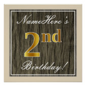 Elegant, Faux Wood, Faux Gold 2nd Birthday + Naam Perfect Poster (Voorkant)