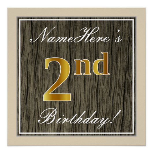 Elegant, Faux Wood, Faux Gold 2nd Birthday + Naam Perfect Poster (Voorkant)