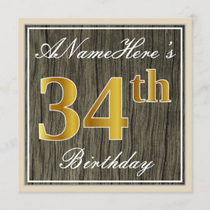 Elegant, Faux Wood, Faux Gold 34th Birthday + Naam Kaart