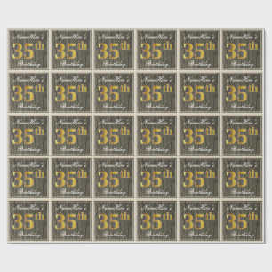 Elegant, Faux Wood, Faux Gold 35th Birthday + Naam Cadeaupapier