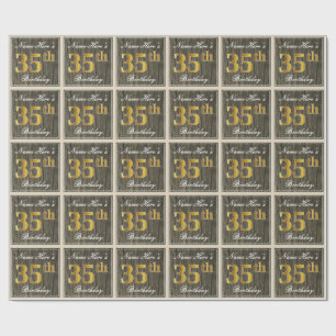 Elegant, Faux Wood, Faux Gold 35th Birthday + Naam Cadeaupapier