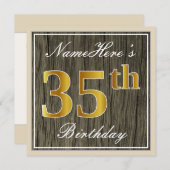 Elegant, Faux Wood, Faux Gold 35th Birthday + Naam Kaart (Voorkant / Achterkant)