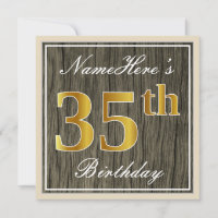 Elegant, Faux Wood, Faux Gold 35th Birthday + Naam