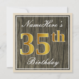 Elegant, Faux Wood, Faux Gold 35th Birthday + Naam Kaart