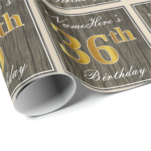 Elegant, Faux Wood, Faux Gold 36th Birthday + Naam Cadeaupapier (Rol Hoek)
