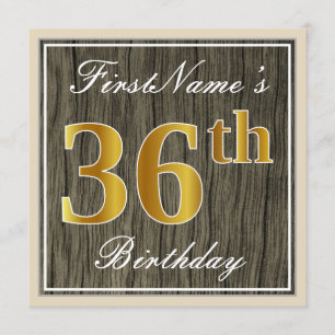 Elegant, Faux Wood, Faux Gold 36th Birthday + Naam Kaart