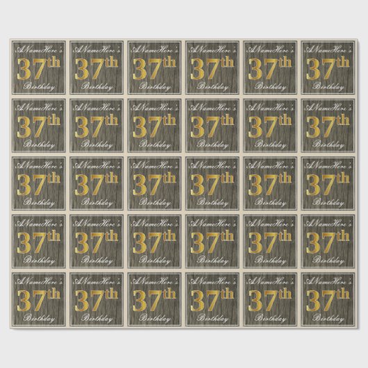 Elegant, Faux Wood, Faux Gold 37th Birthday + Naam Cadeaupapier (Vlak)