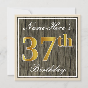 Elegant, Faux Wood, Faux Gold 37th Birthday + Naam Kaart