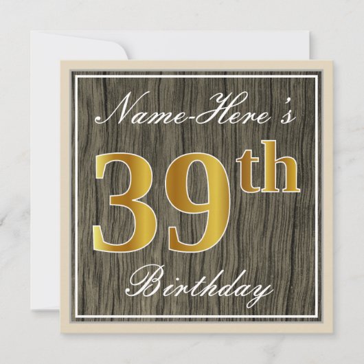 Elegant, Faux Wood, Faux Gold 39ste verjaardag + n Kaart (Voorkant)