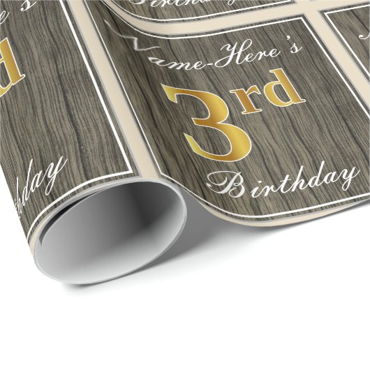 Elegant, Faux Wood, Faux Gold 3rd Birthday + Naam Cadeaupapier (Rol Hoek)