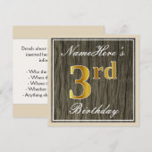 Elegant, Faux Wood, Faux Gold 3rd Birthday + Naam Kaart (Voorkant / Achterkant)